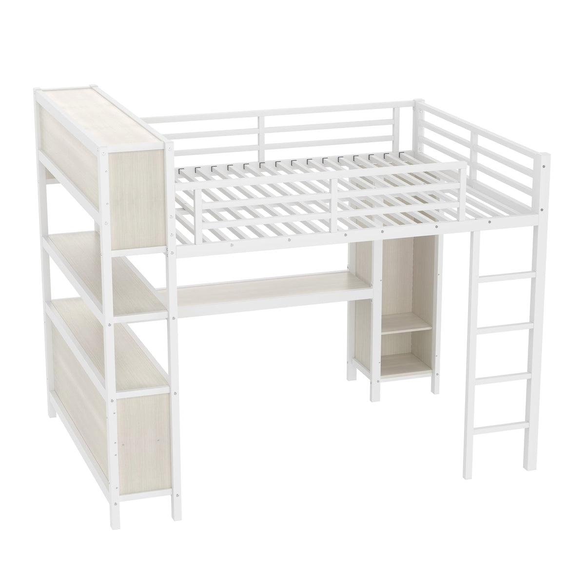 Metal Loft Bed with Wardrobe And L-shaped Desk, Queen Size Loft Bed with Storage Cubes and Shelves, Heavy Duty Loft Bed for Kids Teens Adults, White Wood-grain