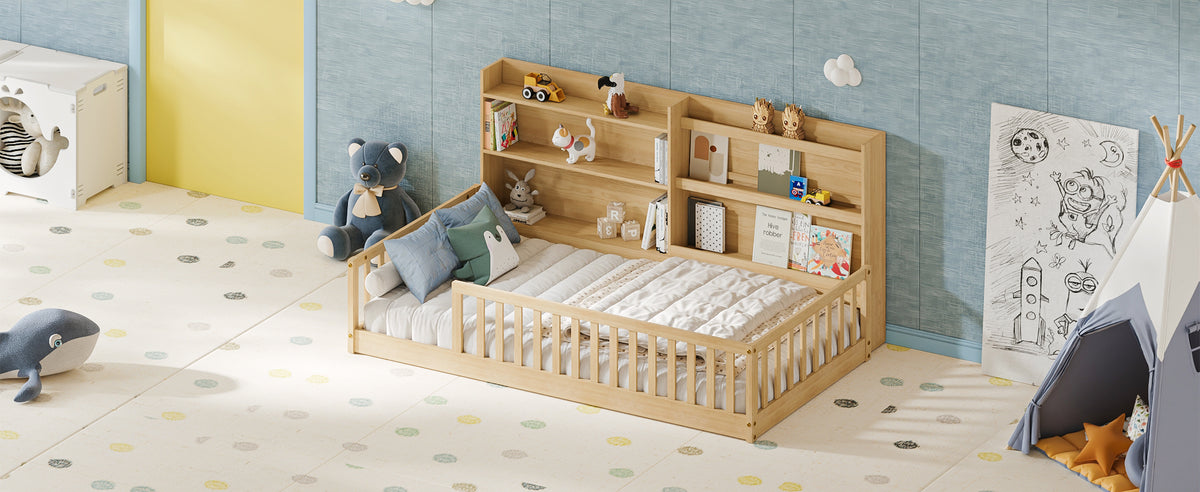 Twin Montessori Floor Bed with Bookshelf & Safety Rails, Natural,Solid pine wood kids bed with integrated bookshelf, low-to-ground Montessori design, safety fence rails and wide entrance.