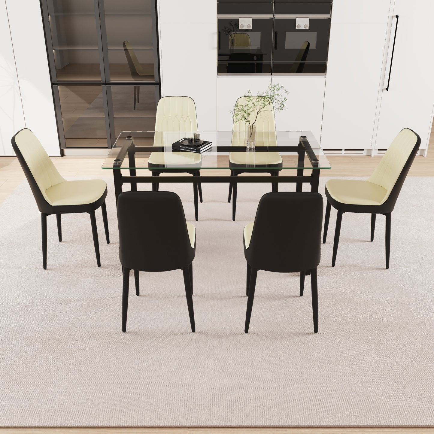 51' 6 person glass dining table set, kitchen set with black metal leg dining table and chairs, modern rectangular tempered glass tabletop and dining room thick cushioned PU dining chair