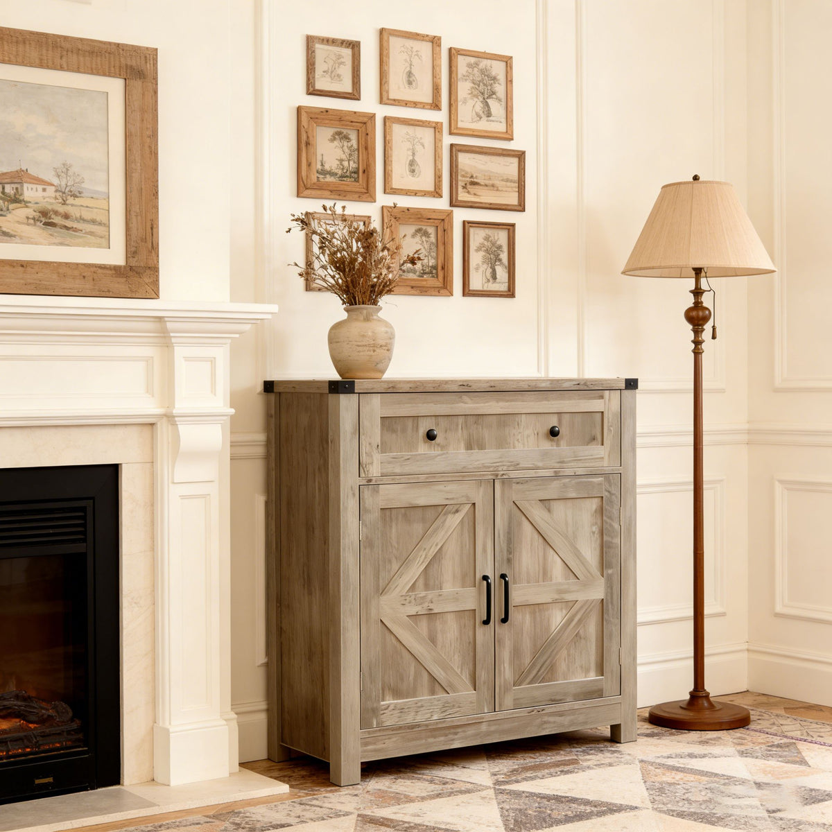 Light Gray-Washed Wood Farmhouse Barn-Door Storage Cabinet, Coffee Bar Buffet Sideboard with Drawer