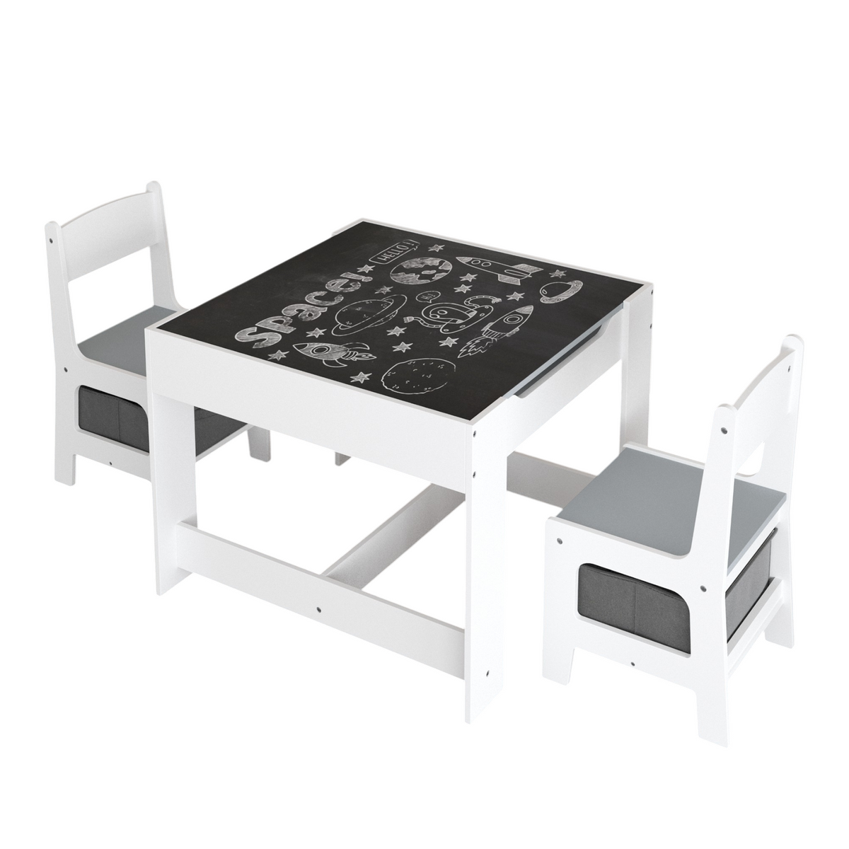 Kids Table and Chair Set, 3-in-1 Wooden Activity Table with Storage Drawer for Toddlers Drawing, Reading, Crafts, 2-in-1 Detachable Top in White+Gray MDF