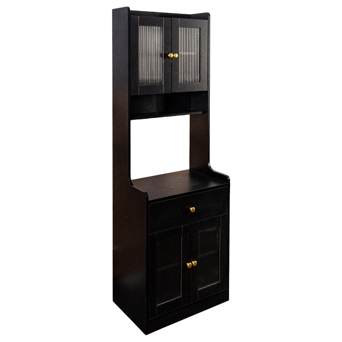 Black Kitchen Pantry Hutch Storage Cabinet, Farmhouse Kitchen Hutch Buffet Cabinet with Microwave Stand