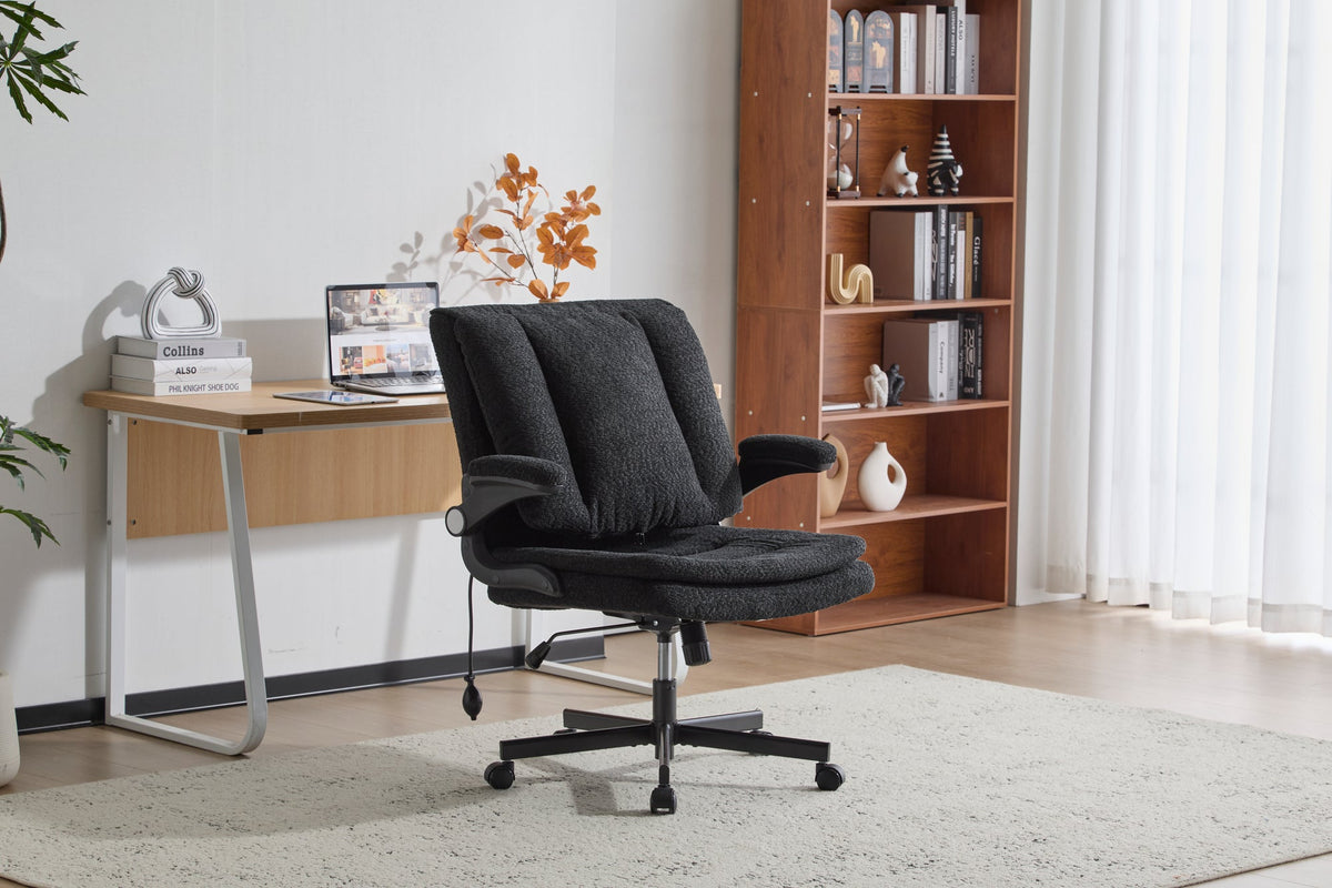 Criss Cross Legged Office Chair with Flip-Up Back Built-In Dynamic Airbag Lumbar Support, Wide Seat Desk Chair with Flip-Up Arms and Wheels, Modern Cross-Leg Chair for Home Office, Vanity, Black.