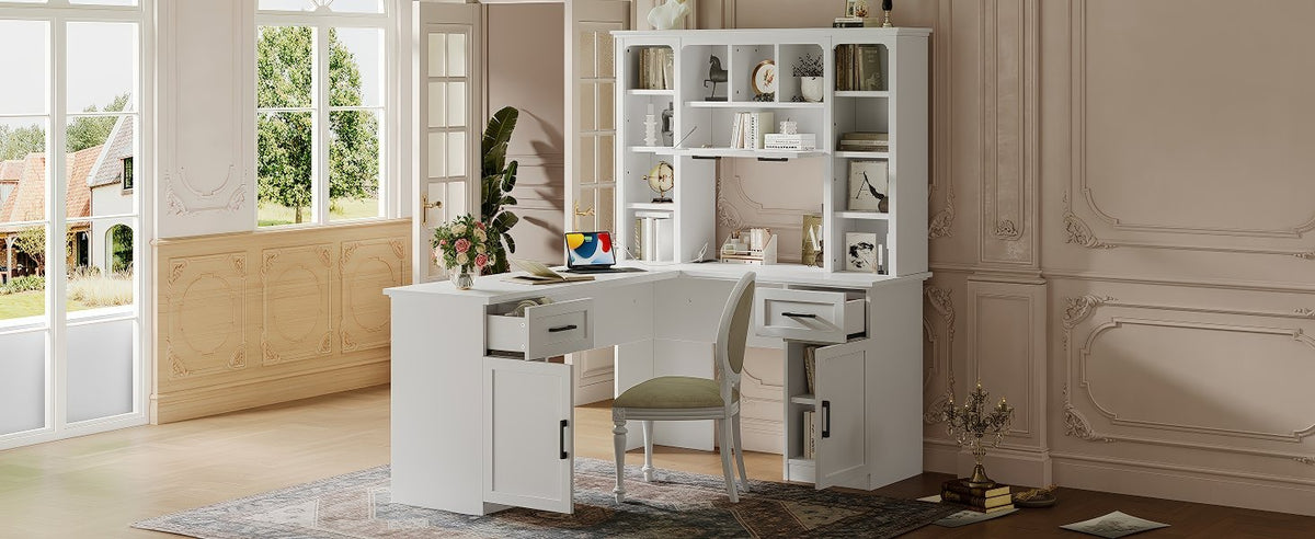 L-Shaped Computer Desk with 2 Cabinets and 2 Drawers, 11 Open Shelves and 1 Right Flip Shelf with Storage, with Power Outlet, White