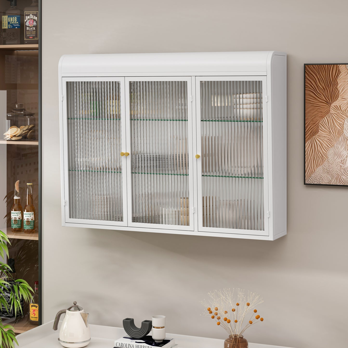 3 Door Arched Wall Mounted Glass Cabinets for Kitchen, Living Room and Bathroom(White)
