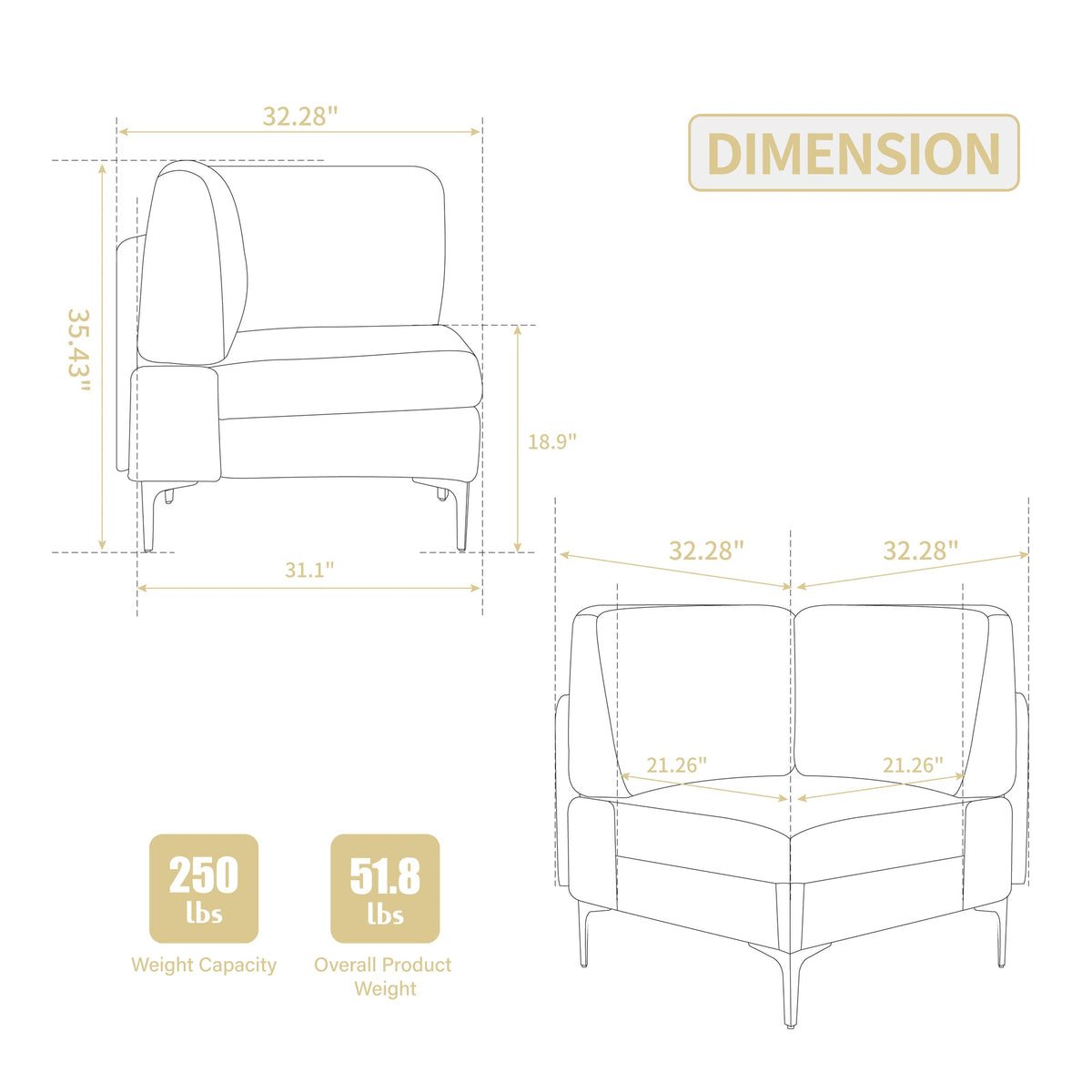 Modular Sectional Sofa Corner Seat,Middle Seat Module Couch,Gray