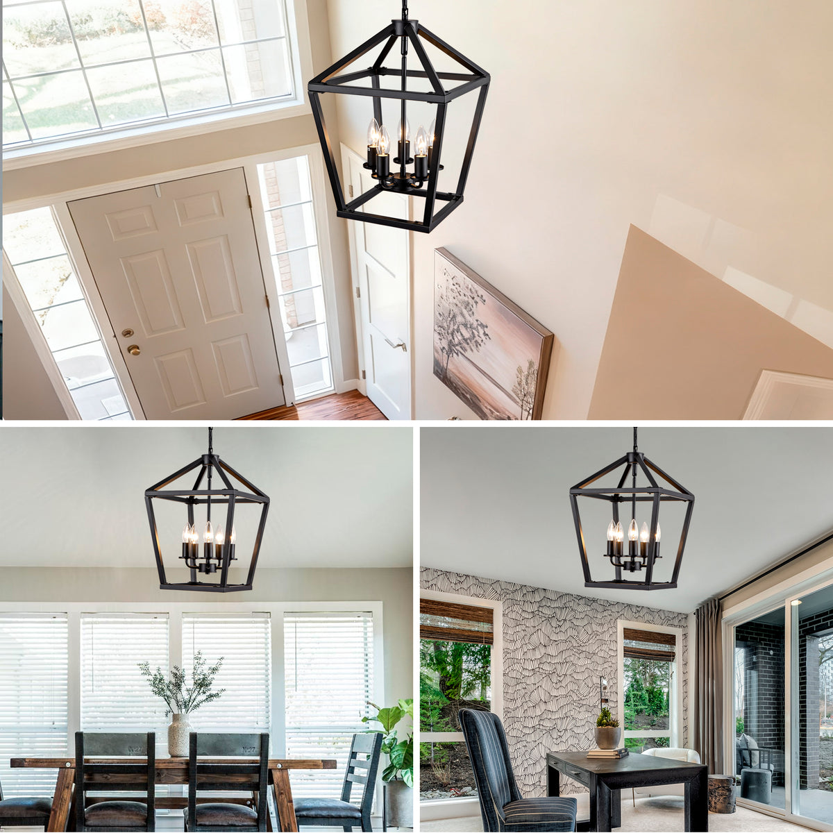 Farmhouse Lantern Chandelier 5-Light, Industrial Black Ceiling Light Fixture with Rustic Open Cage and Adjustable Hanging Height