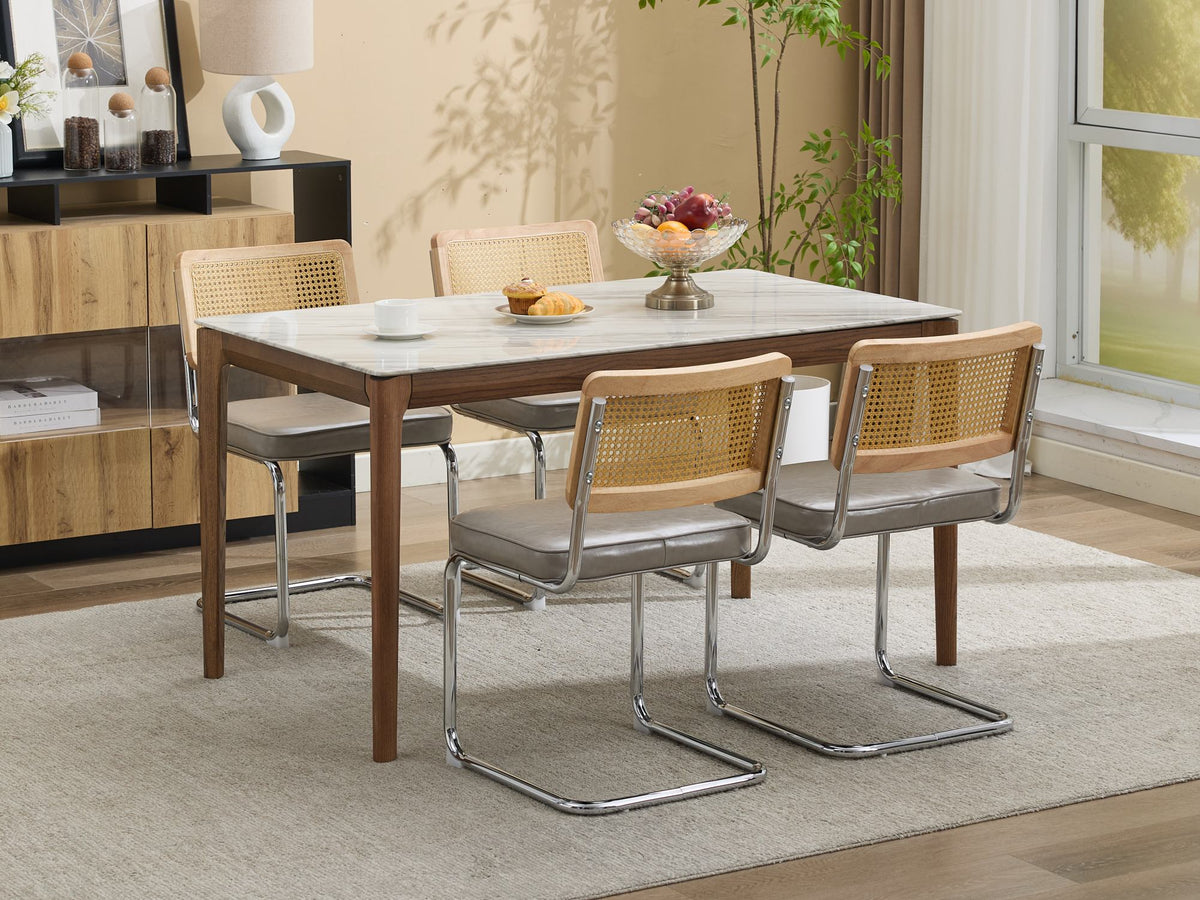 Dining Chairs Set of 2,Mid‑Century Modern Cane Rattan Dining Chair with Solid Wood Frame,Faux Leather Upholstered Seat,Cantilever Chrome Metal Frame Armless Side Chair for Kitchen Dining Room,SW1751GG