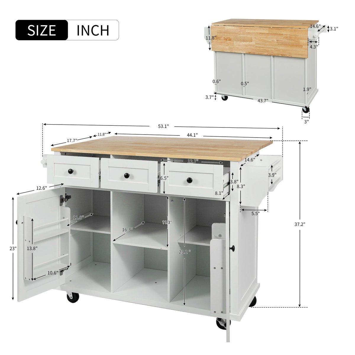 Kitchen Cart with Rubber wood Drop-Leaf Countertop, Cabinet door internal storage racks – White