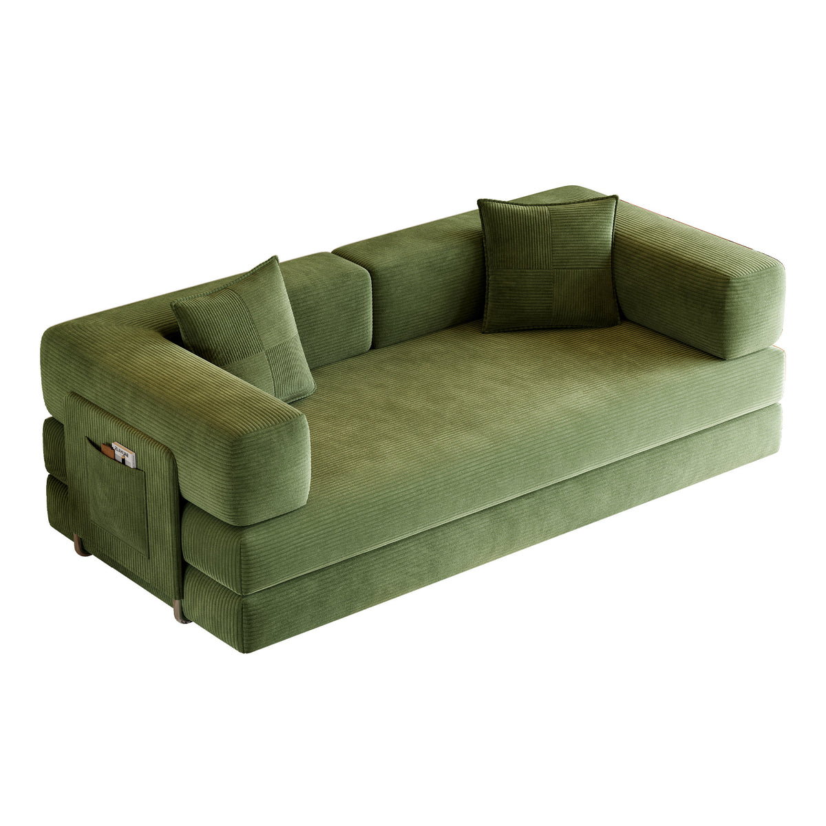 79-Inch Teddy Couch Convertible Sleeper Sofa Bed, 5-in-1 Corduroy Floor Sofa with High-Density Foam, Metal Back and Arm Supports, Washable Cover and Side Pockets, Green