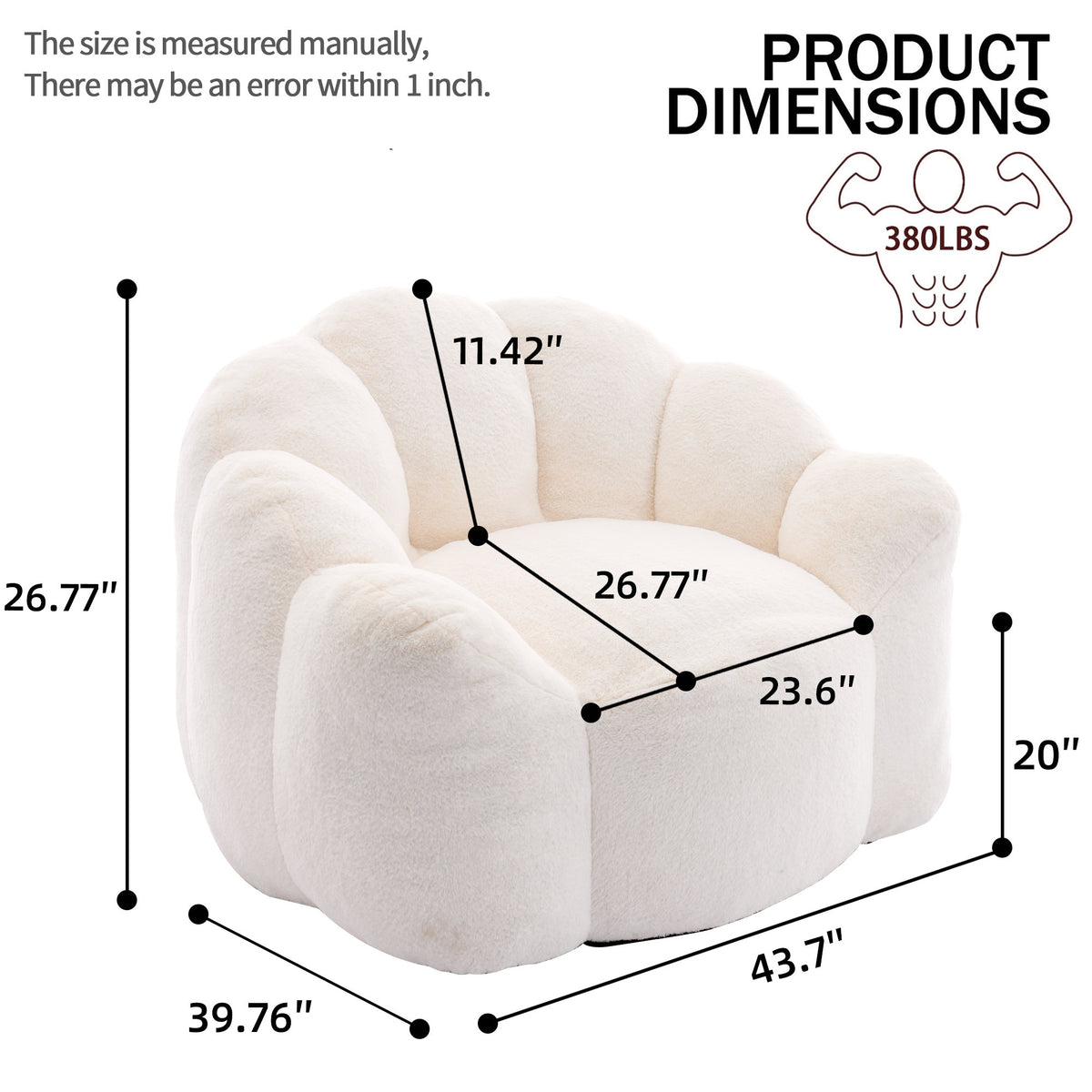 Lotus Style Compression Sofa Adult Bean Bag with Pull Ring, White Plush, 43.7 x 39.76 x 26.77 inches, No Installation Required