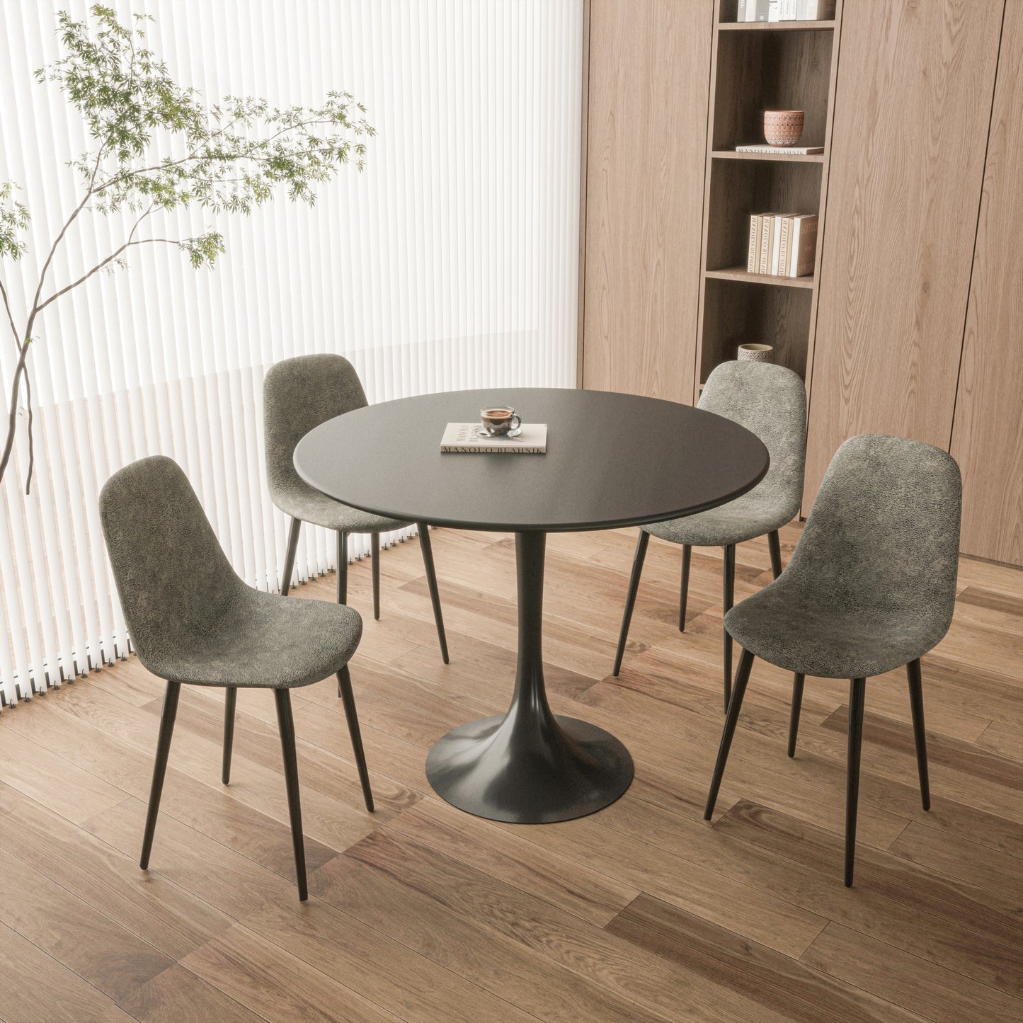 31.5' Round Dining Table Set for 4, Black Dining Table MDF Easy Clean with Durable Metal Legs, 4 PCS Comfortable Dining Chair Suede Upholstered Chair for Restaurant,Guest Receptions