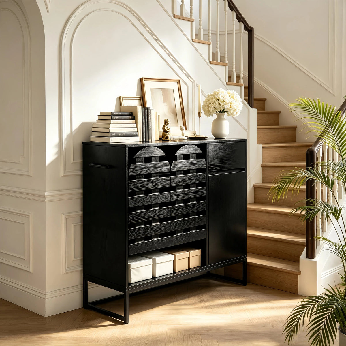 Buffet Cabinet with Storage: 44.49"Black Woven Door Accent Cabinets,with Arched Doors,with Multi layer Adjustable,with Metal Leg,woven door and drawer - for Kitchen Living Dining Room Entryway
