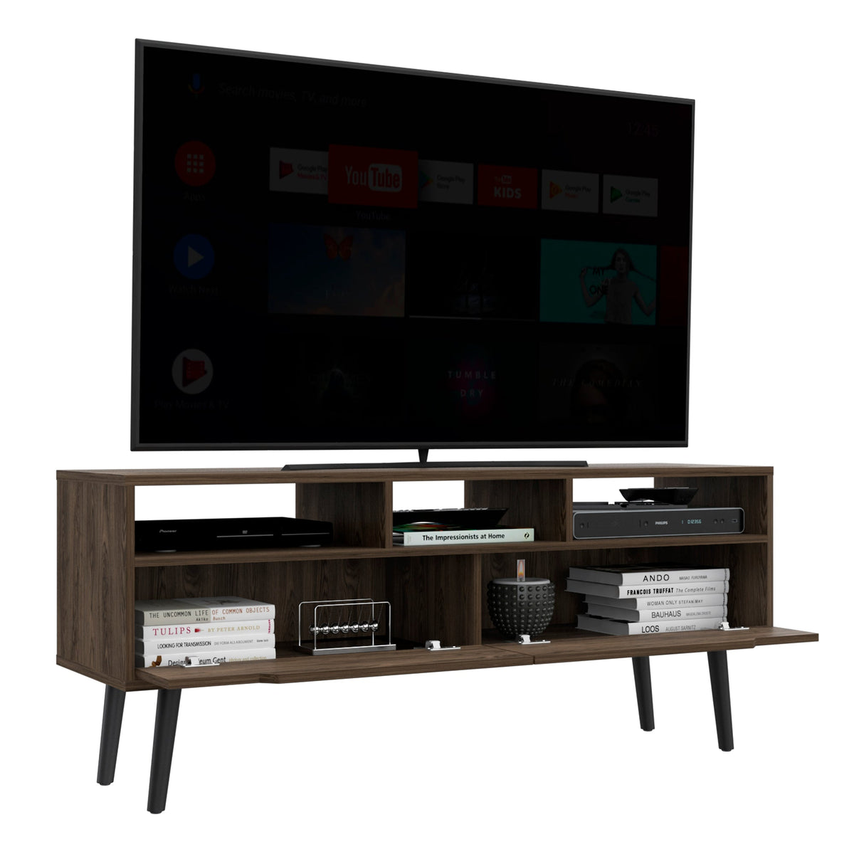 Tv Stand for TV´s up 52", Three Open Shelves, Two Flexible Drawers, Dark Walnut