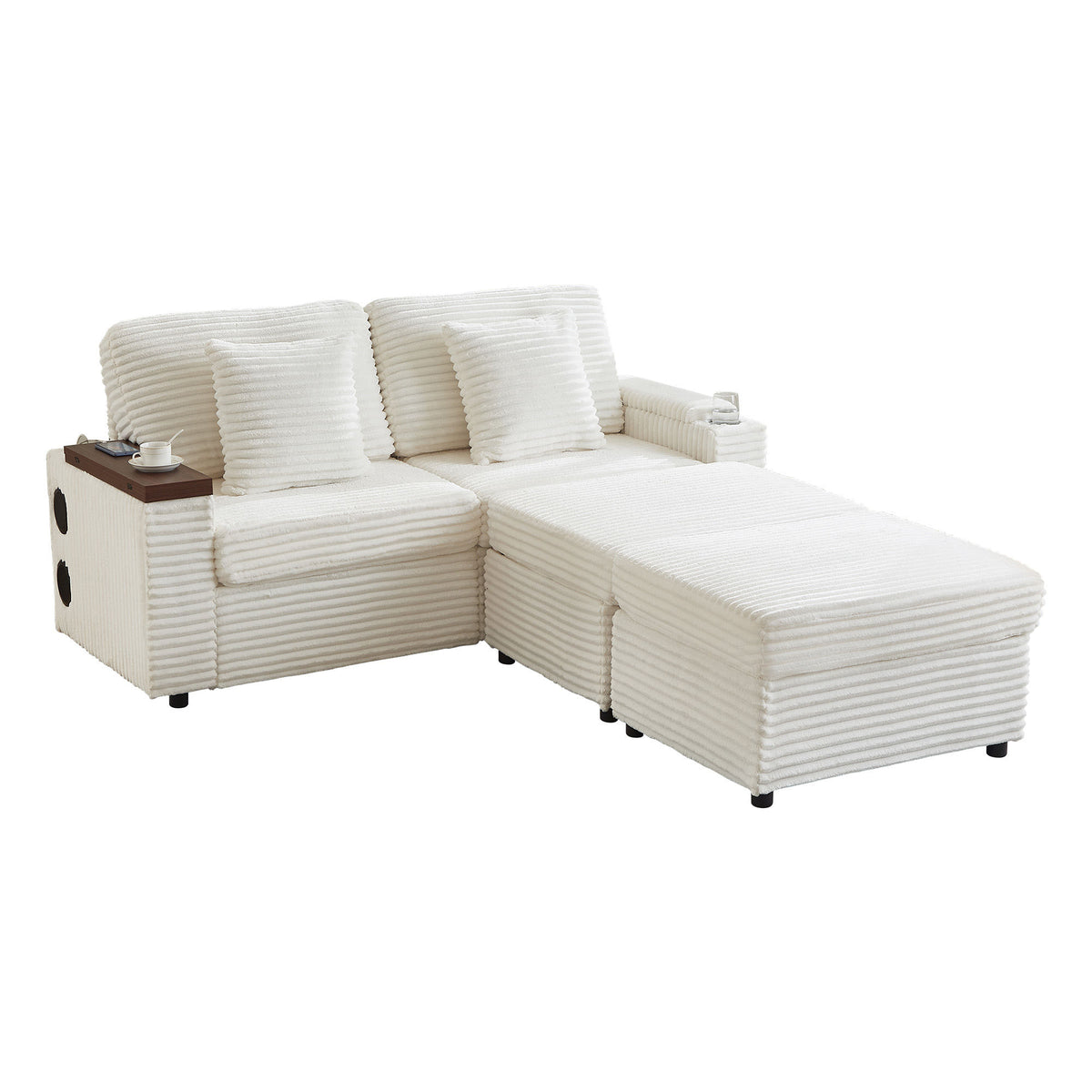 Double Chaise Lounge with Two Storage Ottomans,Corduroy Sofa with Cup Holders, USB Port,Storage Space and Bluetooth Speaker for Living room and Bedroom