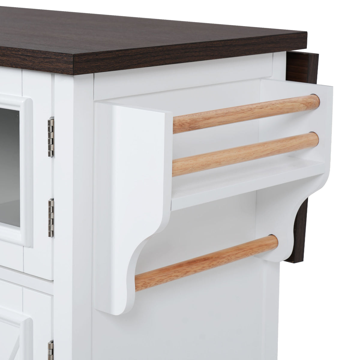 K&K 54.9" Kitchen Island with Drop Leaf, Power Outlet, Kitchen Storage Cart with 4 Door Shelves, Cross Barn Doors & Visual Glass Door – White