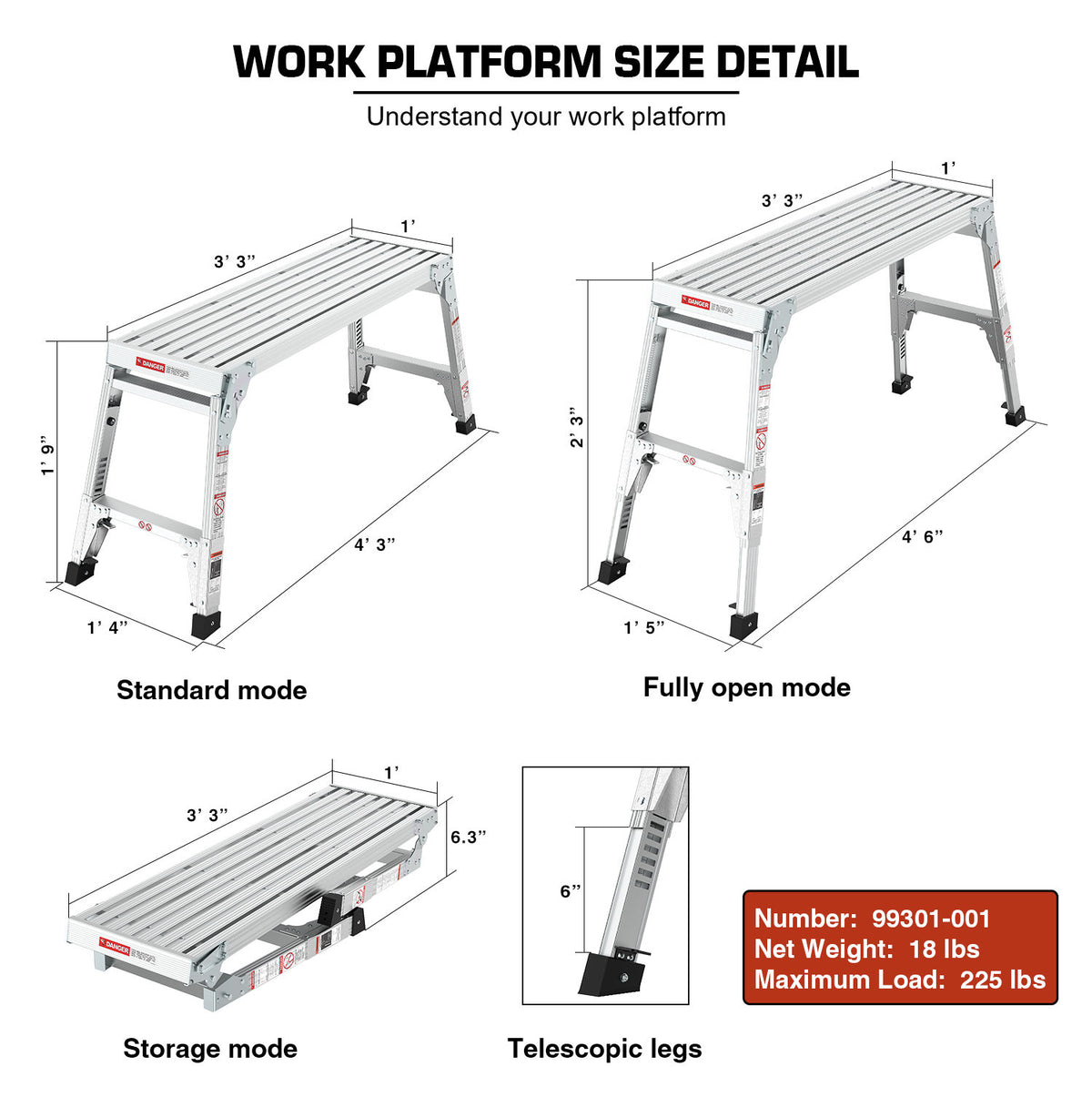 Aluminum Work Platform Large Size Step Stool Folding Portable Work Bench 40" Width Telescopic Feet 22" -27.5" Height Adjustable