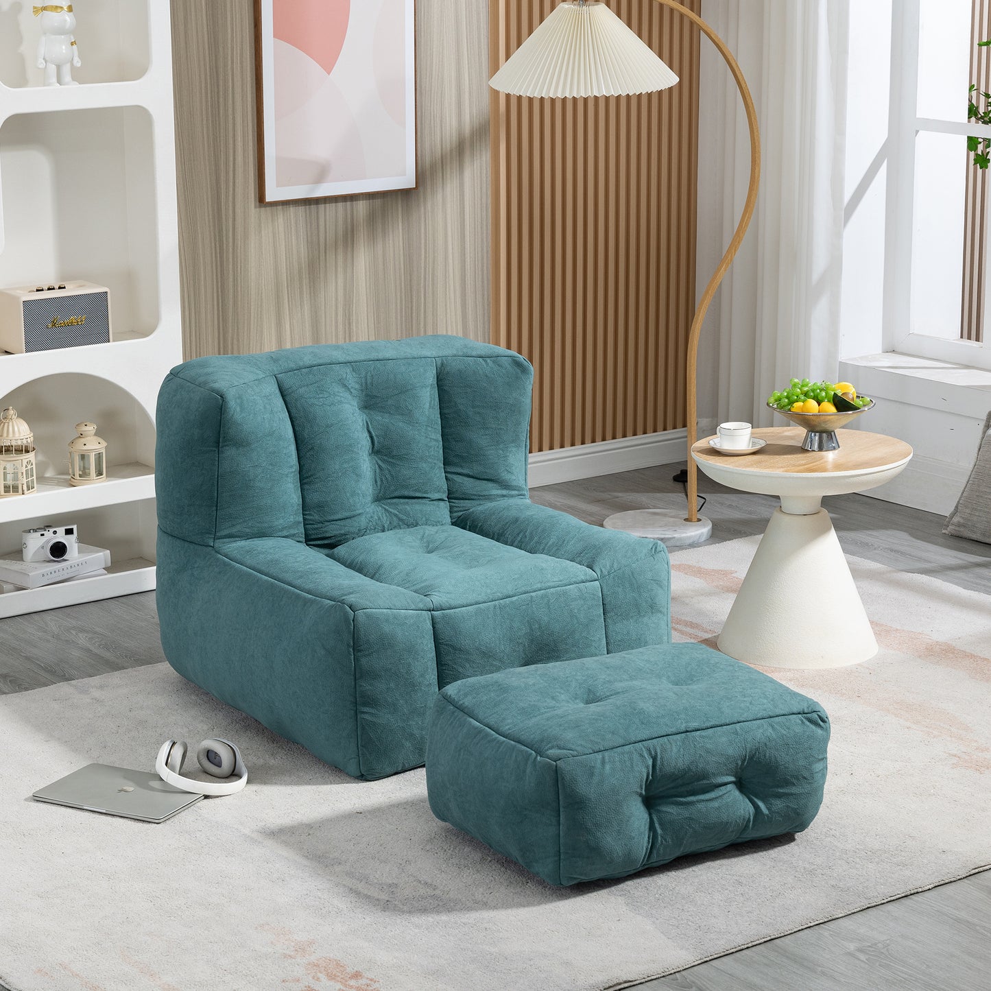 Fluffy bean bag chair, comfortable bean bag for adults, super soft lazy sofa chair with memory foam and ottoman, indoor modern focus bean bag chair for living room, bedroom, apartment