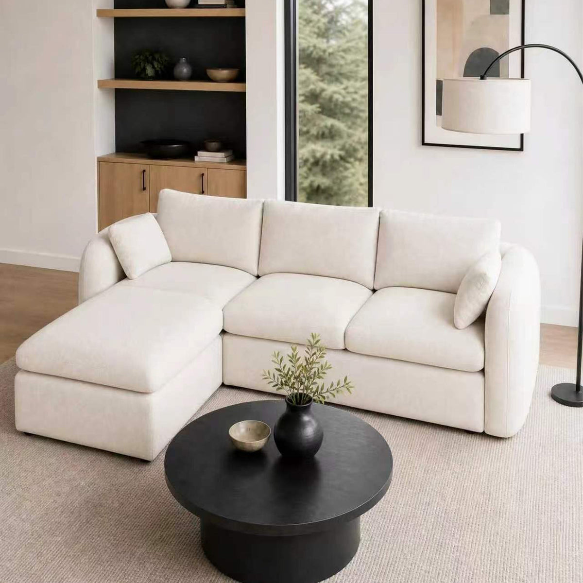 Fully Sponge Compressed Sectional Sofa, High Resilience Foam Couch in White Chenille Fabric, Modular L-Shaped Sofa Suitable for Living Room & Bedroom, Creates Warm Cozy Home Atmosphere