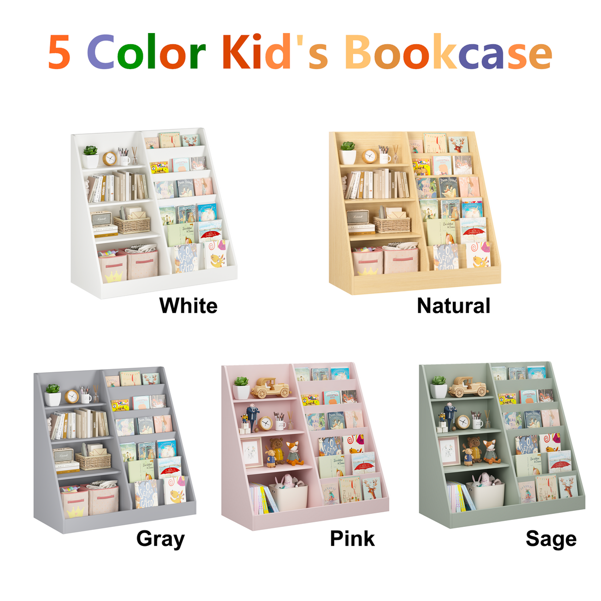 Kids Bookshelf and Toy Storage Organizer, Multifunctional 4 Tier Wooden Kids Book Shelf with Bookcase Display Stand, Children, Toddlers - Gray – Model W808P340216