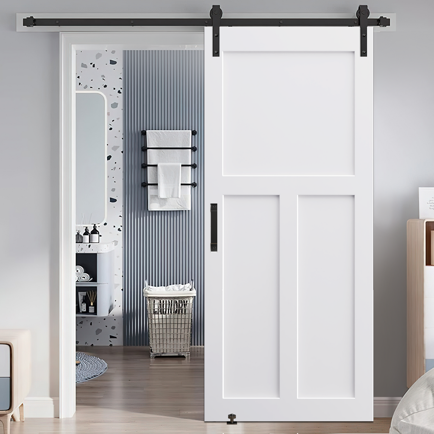 CRAZY ELF 28' x 84' 'T' Style Real Primed Door Slab + 6.6FT Barn Door Sliding Hardware + Adjustable Floor Guider + Pull Handle, DIY Unfinished Paneled Door, Modern Interior Barn Door, Moisture-proof