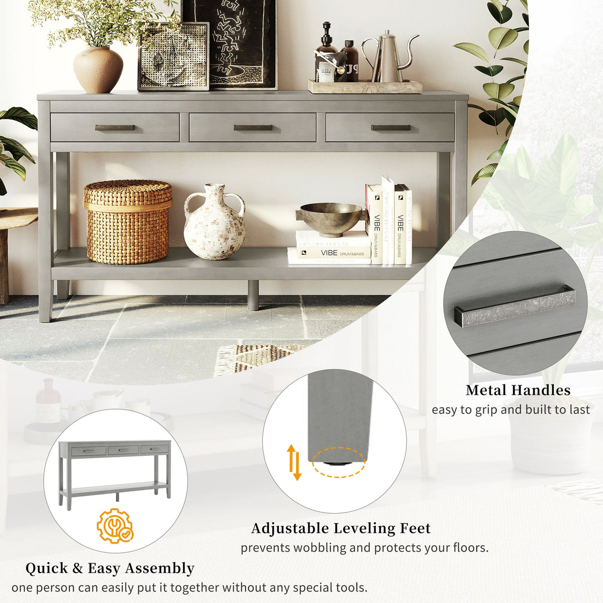 U_STYLE 59.1'' Farmhouse Entryway Table with 3 Drawers, Painted Console Table with Bottom Shelf & Iron Handles, Minimalist Sofa Table – Gray