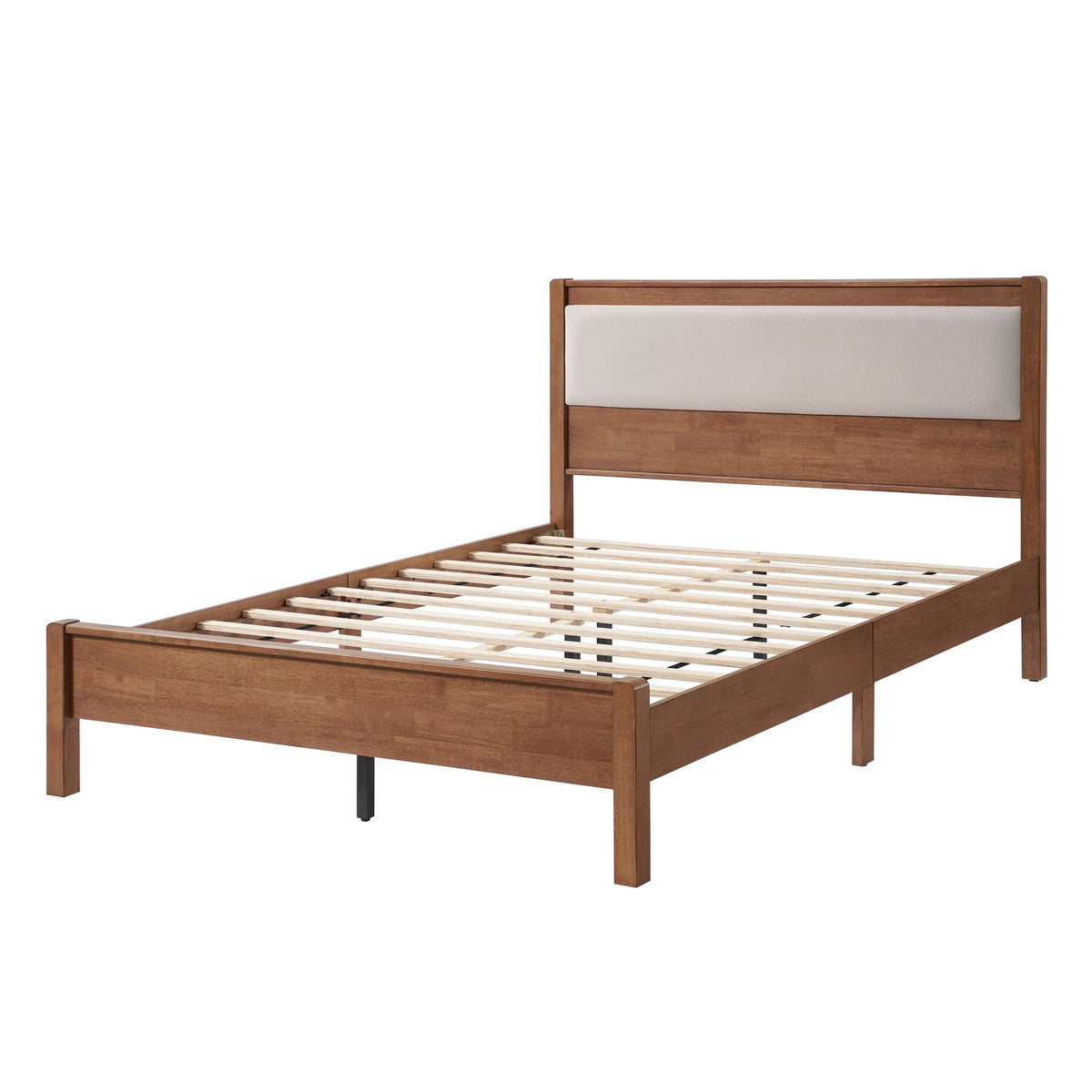 Queen Size, Solid Rubber Wooden Bed with Upholstered Headboard, Reinforced by Central Support Legs,Brown