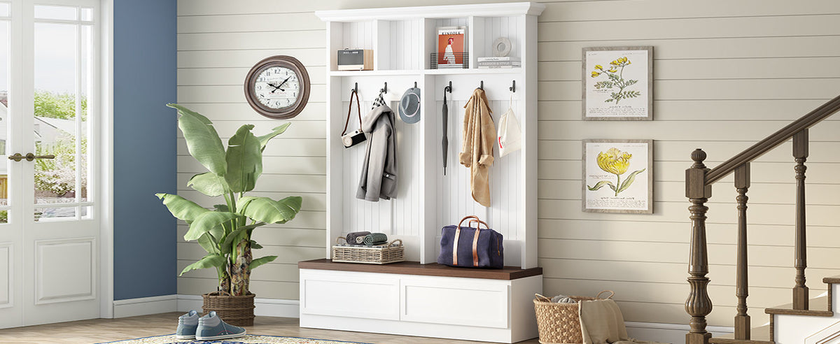 Farmhouse 4-in-1 Hall Tree with Wood Grain Bench, Mudroom Versatile Coat Rack with 2 Large Drawer, Entrance Organizer, White, 55.9" W