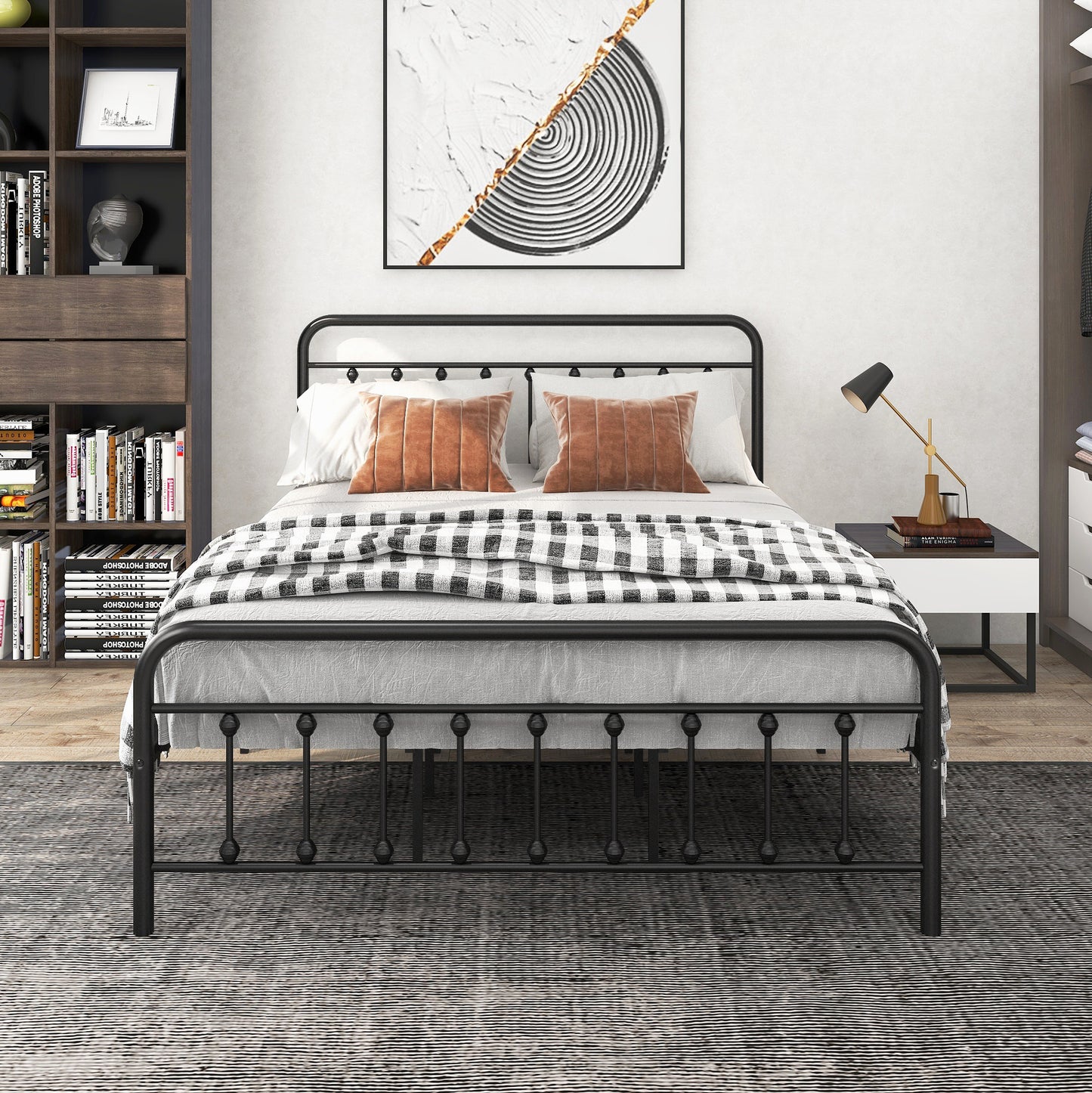 Metal Platform Bed Frame, Victorian Style Headboard/Footboard/Under Bed Storage/No Box Spring Needed/Queen Size Black
