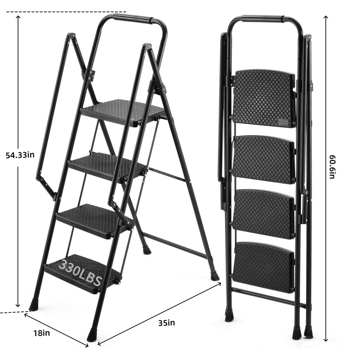 Four step ladder, lightweight folding four step stool, wide anti slip pedal and safety handle, sturdy steel ladder