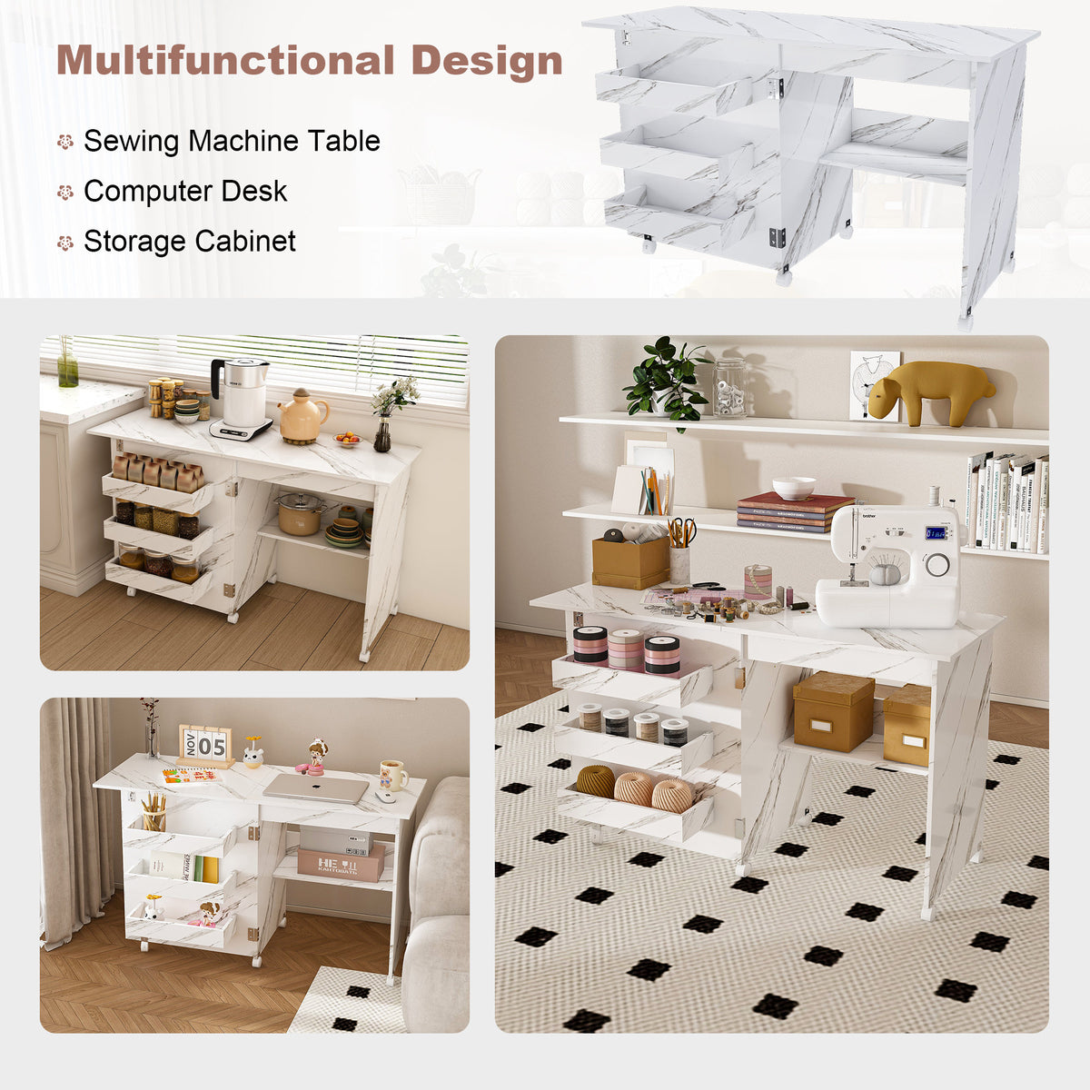 4-in-1 Folding Sewing Table with Lockable Wheels – Multi-Functional Craft Station, End Table, Computer Desk & Kitchen Storage with Shelves, White Rolling Sewing Machine Table for Apartments