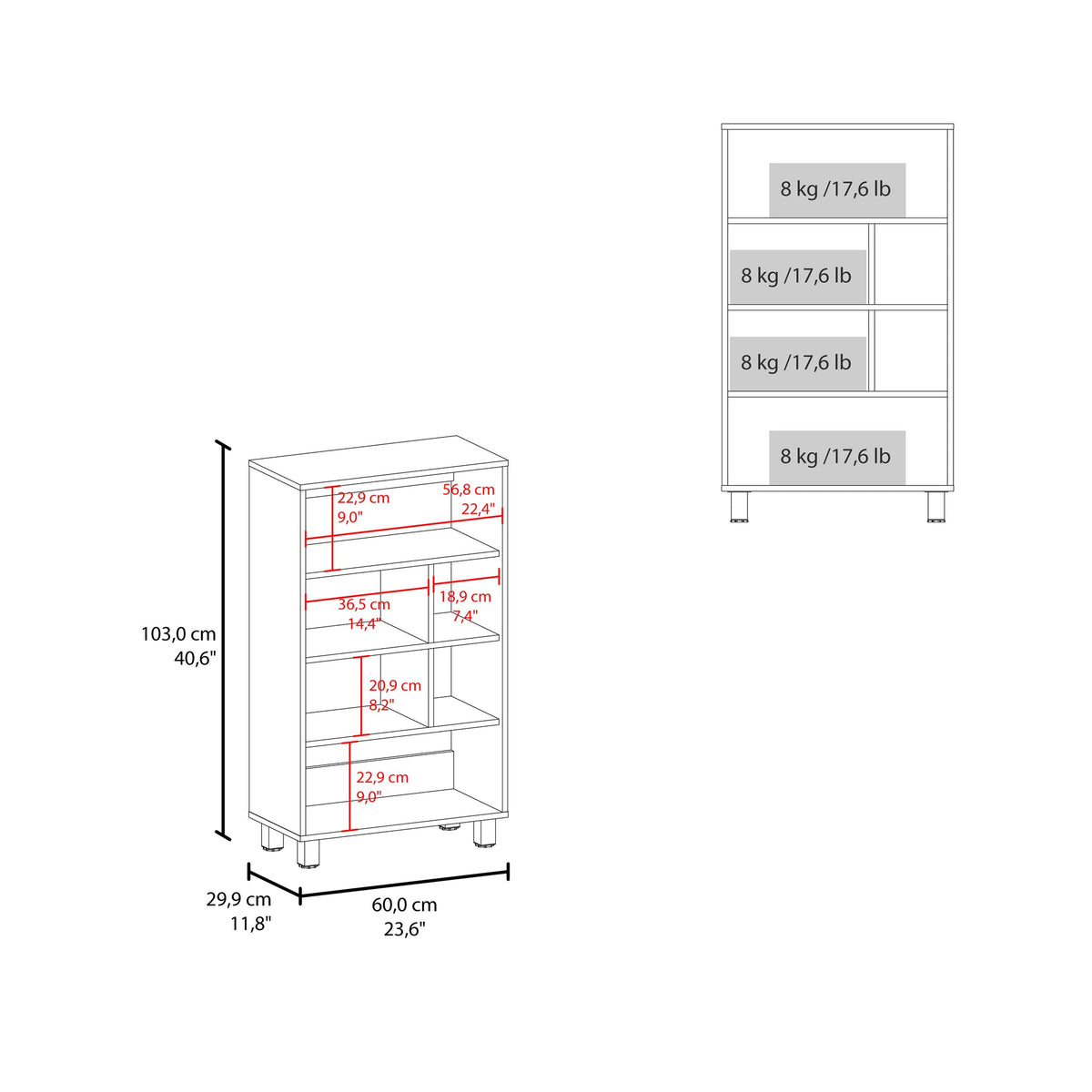 Bookcase 40.6" H, 6 shelves, 4 legs, White