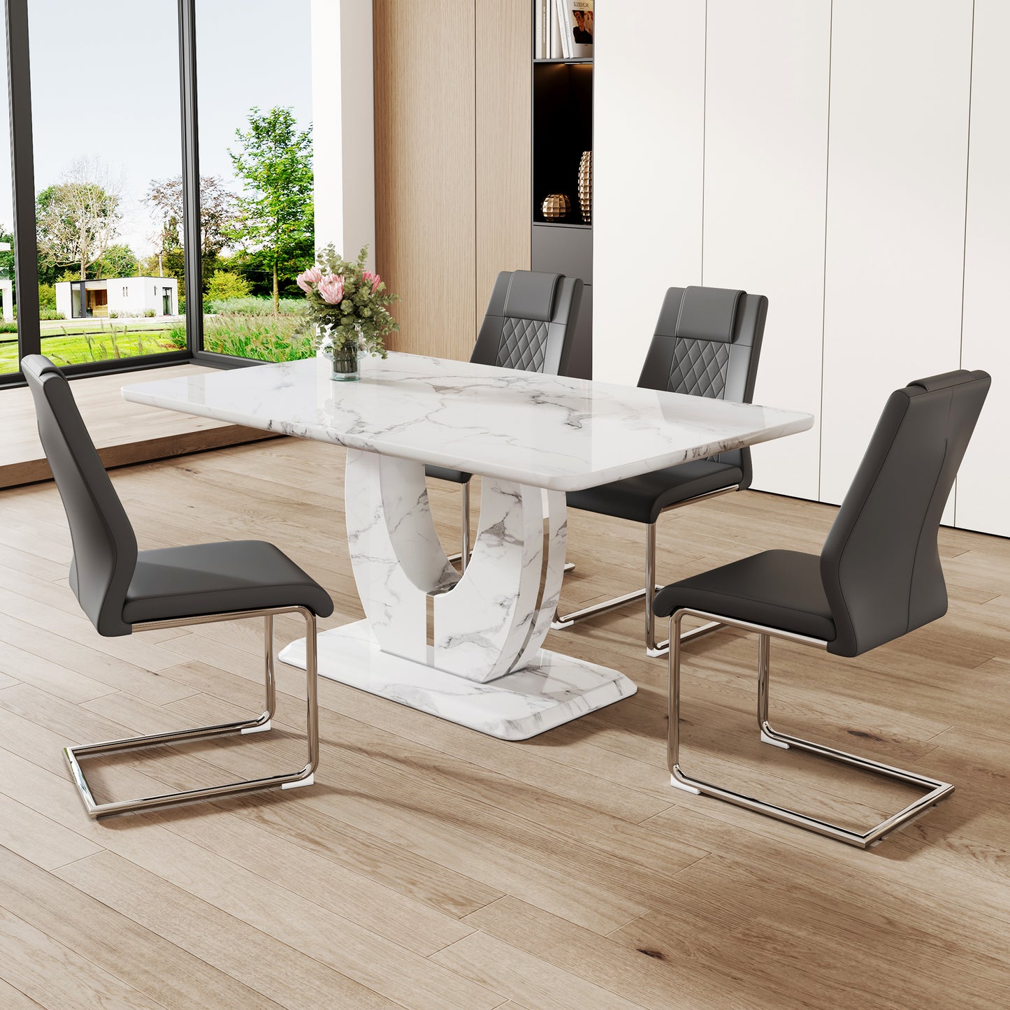 Table and chair set.Marble Pattern MDF Dining Set - 63'x37' with 4 Dark Gray PU Chairs.White Textured Marble Pattern Sticker,MDF,Silver Metal Chair Legs.Suitable for restaurants, kitchens.