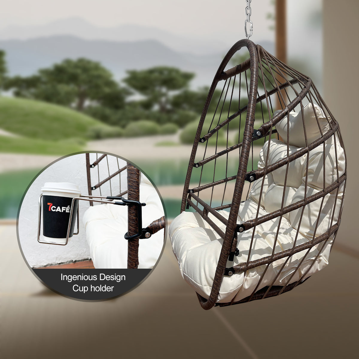W2707P184371 Khaki Hanging Swing Egg Chair, Indoor Outdoor Anti-Aging Resin Wicker Hammock Chair with Removable Guardrail, Cup Holder, UV Resistant Thick Cushion, Foldable Lounge Chair, 350lbs Capacit