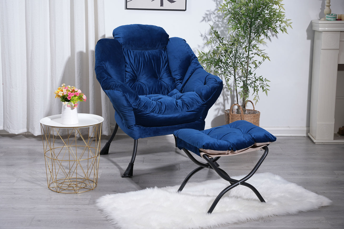 Living Room Chairs Modern Cotton Fabric Lazy Chair, Accent Contemporary Lounge Chair, Single Steel Frame Leisure Sofa Chair with Armrests and A Side Pocket (Blue) ,with ottoman ,with footrest