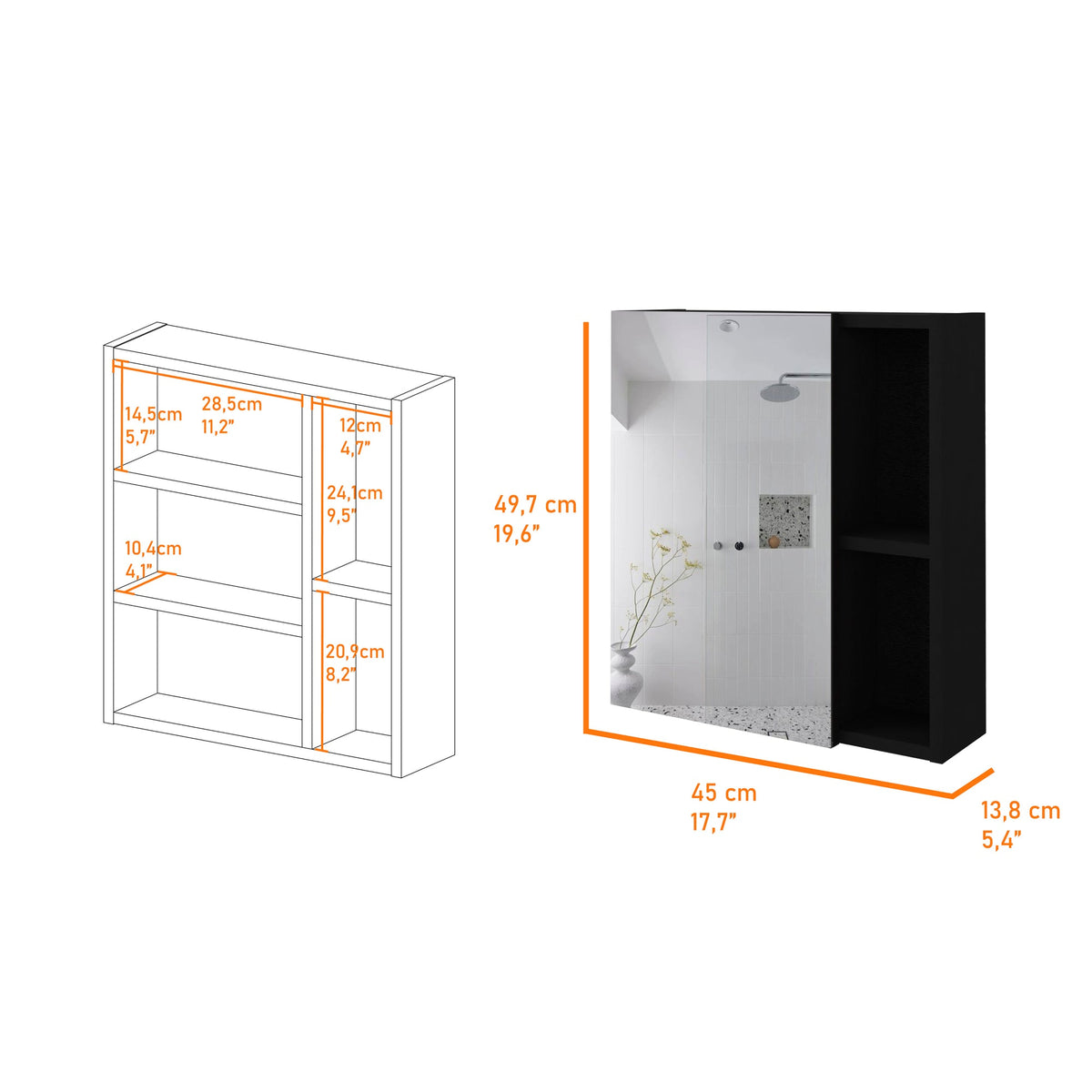 Labelle Medicine Cabinet With Mirror, Five Internal Shelves, Single Door -Black