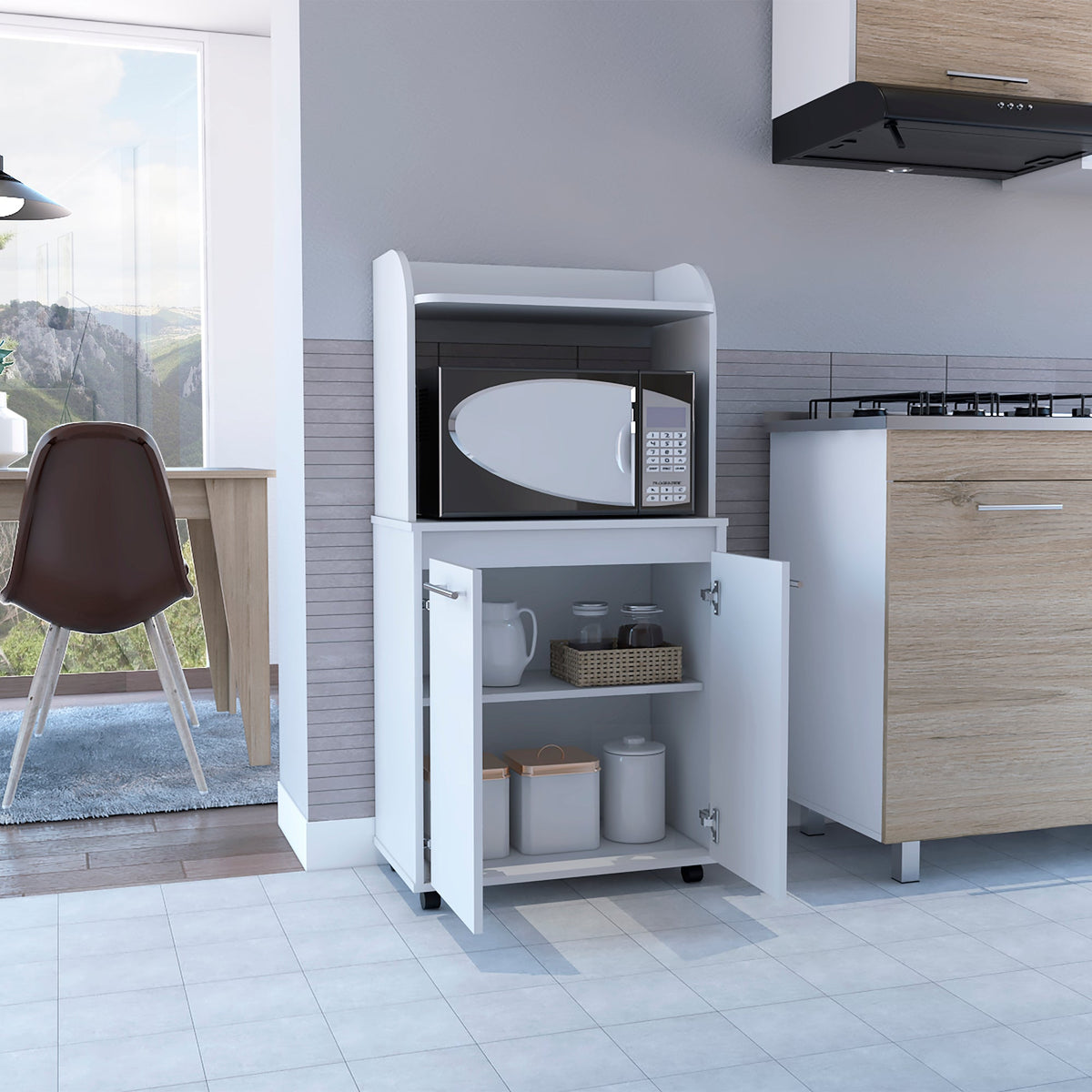 Kira Kitchen Kart, Double Door Cabinet, One Open Shelf, Two Interior Shelves -White – Model B07091922