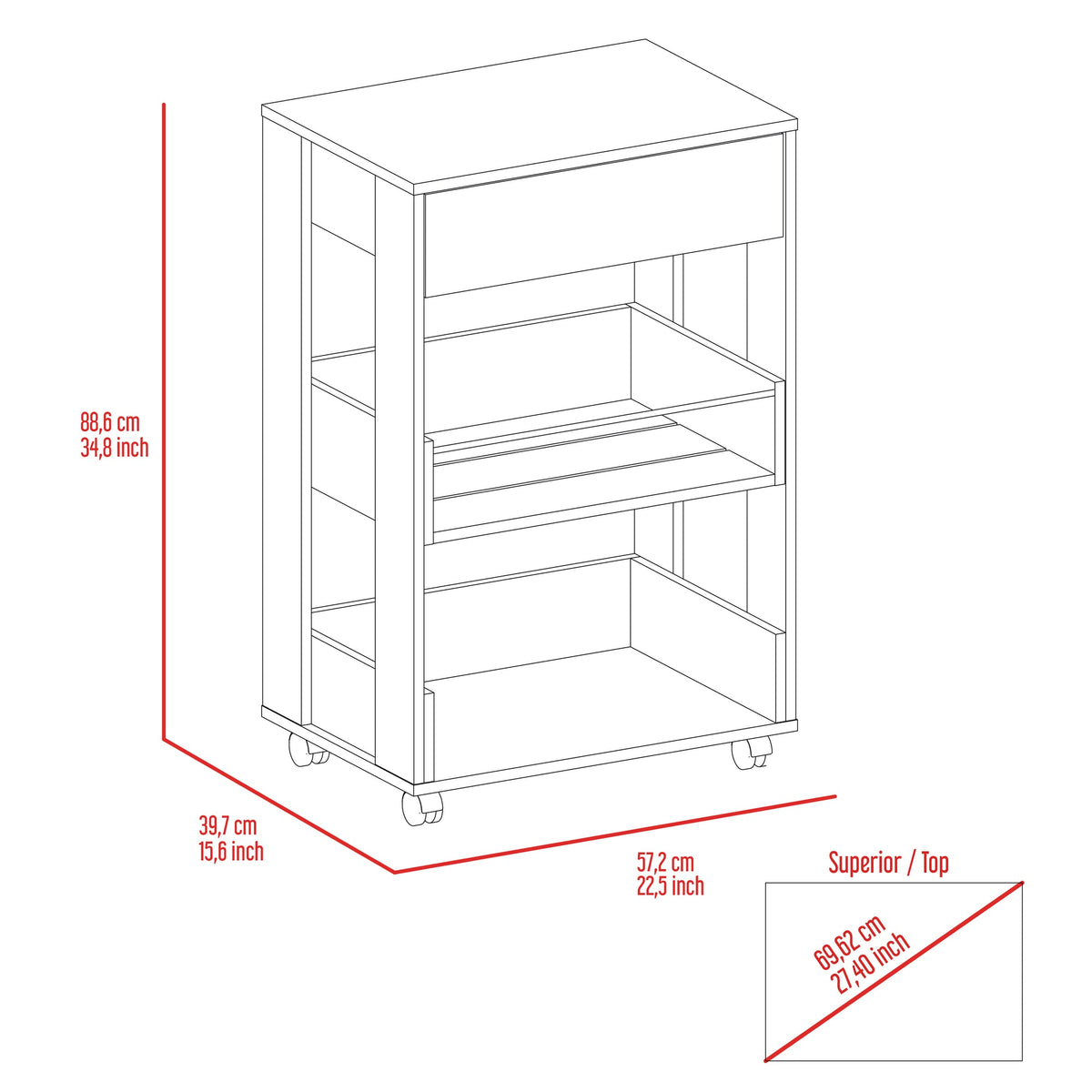 Verona Kitchen Cart, Three Shelves, Four Casters -White / Dark Walnut – Model B07092116