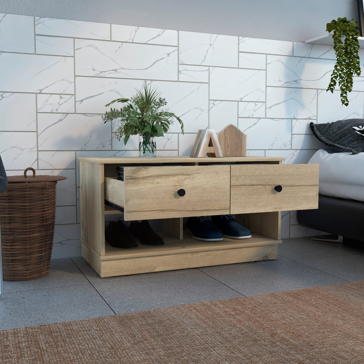 Hamilton Storage Bench, Two Open Shelves, Two Drawers -Light Oak