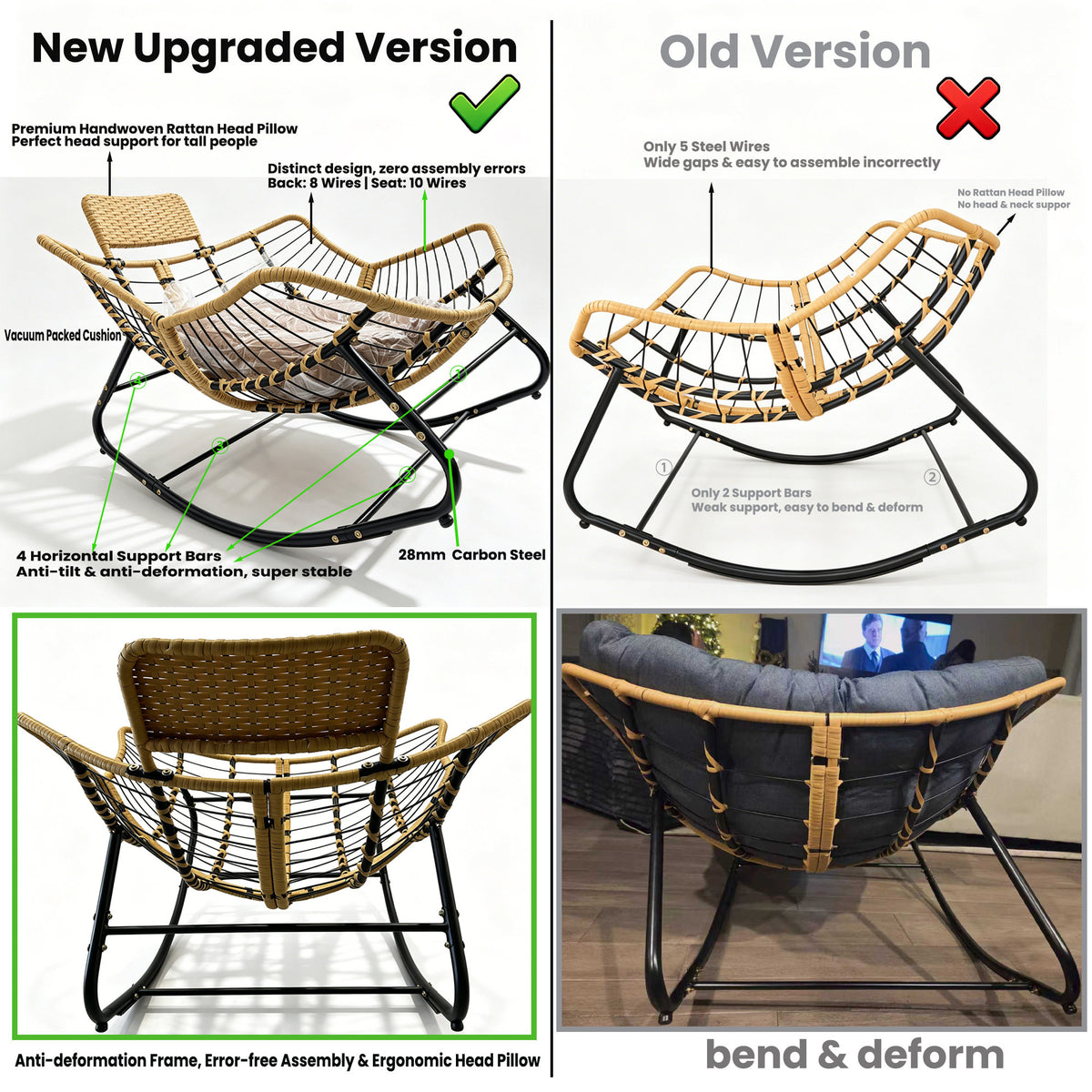 39.37"Papasan Rocking Chair Outdoor, Oversized Patio Egg Chair with Thick Cushion And Handwoven Rattan Head Pillow,Indoor Wicker Lounge Rocker Bed for Balcony, Porch, Garden, Dark Grey