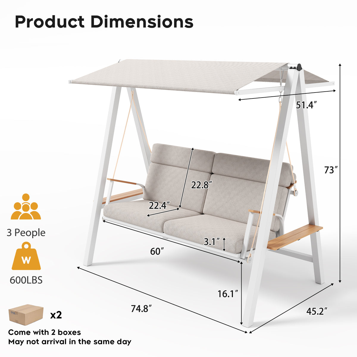 Outdoor Patio 3 seaters Metal Swing Chair Swing bed with Cushion and Adjustable Canopy Champagne Color