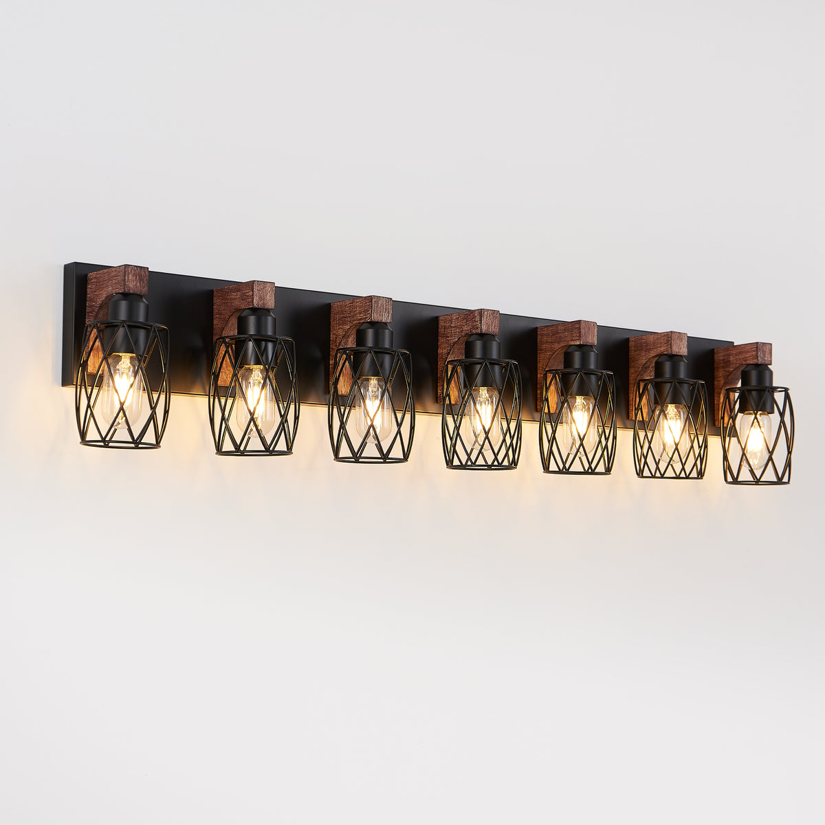 Industrial Vintage 7-Light Wall Sconce - Black Cage Wall Lighting Fixture with Wooden Accents, or Living Room (Bulb Not Included)