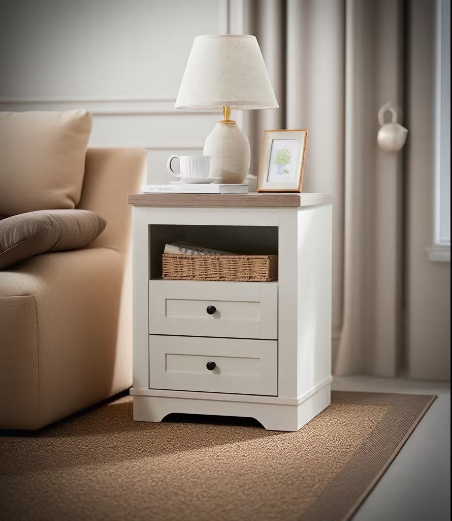 Farmhouse Nightstand , End Table, Side Table with 2 Drawers Storage Cabinet for Bedroom, Living Room, Farmhouse Design, Wood Rustic, Antique White