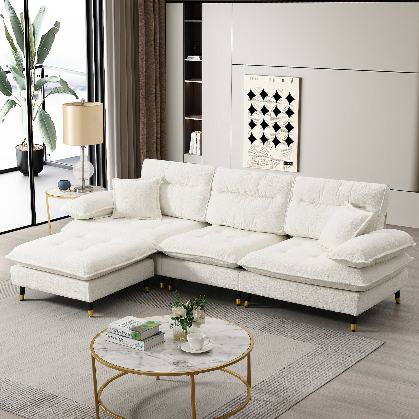 106*66.5' L shaped Convertible Sectional Sofa,4 Seat Tufted Couch Set with Two-tone Adjust Legs,Cloud Chenille Fabric,Movable Ottoman for Living Room, Apartment,Office,3 Colors