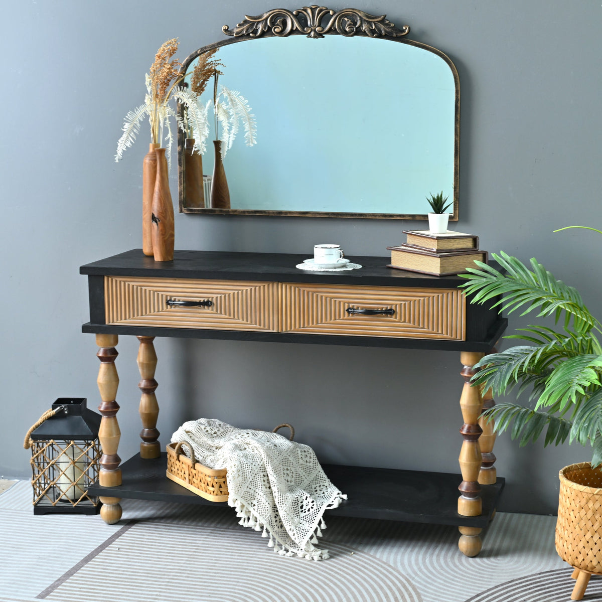 Easy Assembly 47.64" Accent Rustic Solid Wooden Carved Console Table With Turning Legs , Living Room Rectangle Console Table With Open Shelf And 2 Drawers