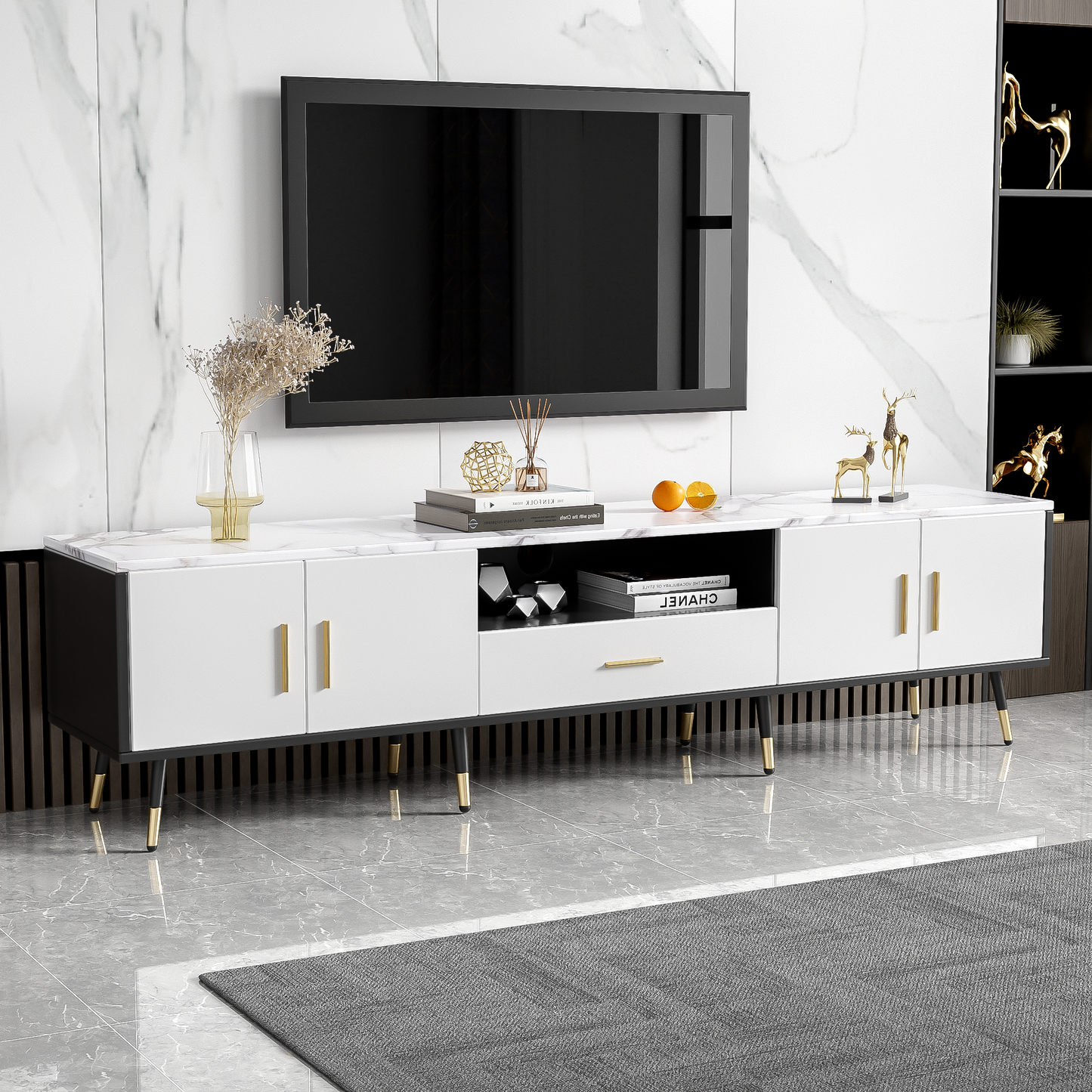 71'' Modern TV Stand with 2 Cabinets& Open Compartments, Entertainment Center for TVs up to 80'', Television Console for Living Room, Bedroom, Home Theatre