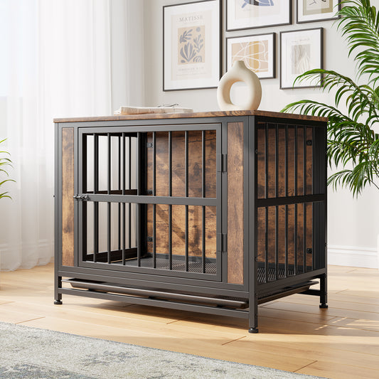 Dog Crate Furniture,  Wooden Dog Crate Table, 32.8' Dog Kennel with 2 Sliding Doors and Thick Iron Door Frame, Decorative Pet Crate House for Medium/Small Dog Indoor Use(Rustic Brown)