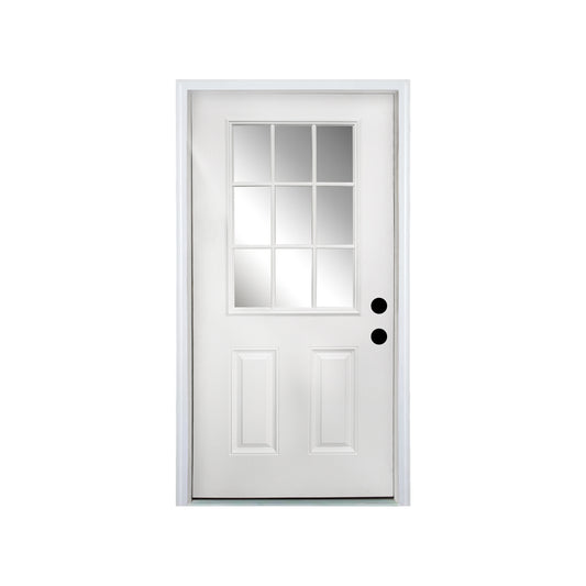 36 x 80 Fiberglass Entry Door with Brickmould, Vinyl Frame,9 Lite Low-E Glass - Primed Front Door for Home's Front Entrance, Left Hand Inswing, White Oak Wooden Grain Knock-Down Door