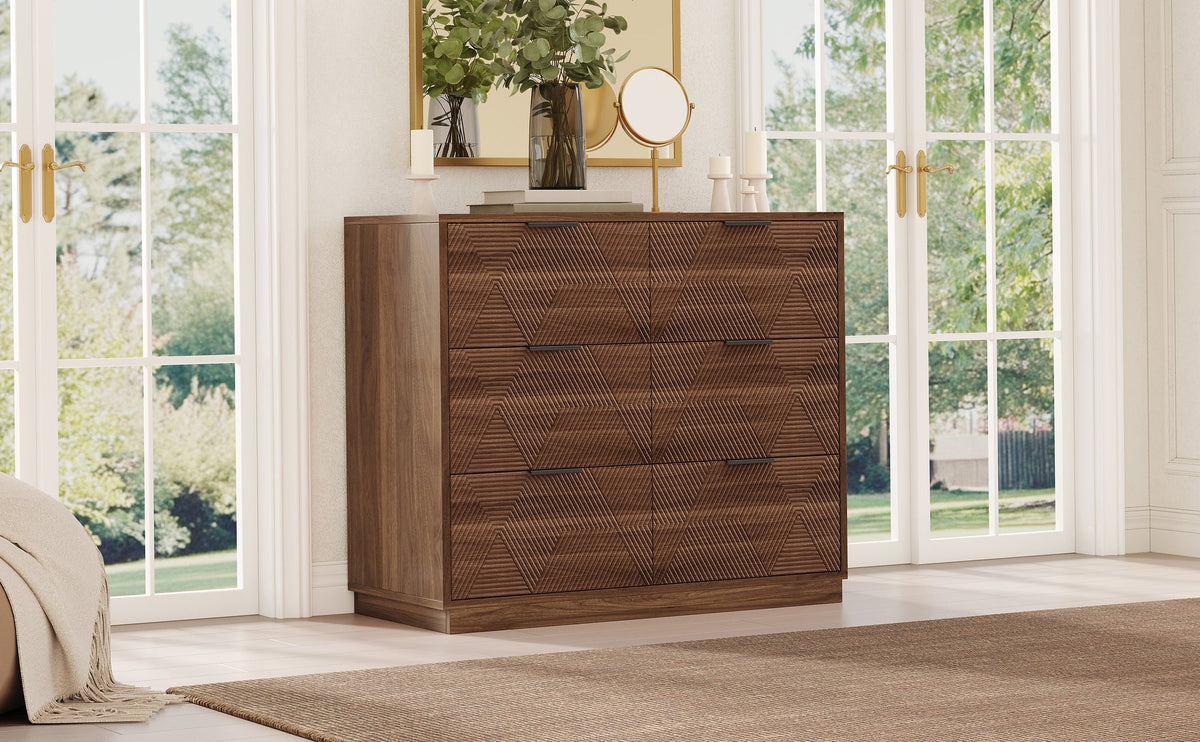 Modern Walnut Dresser with 6 Drawers, Mid Century 3D Geometric Wood Chest of Drawers, Large Storage Cabinet for Bedroom, Living Room & Entryway