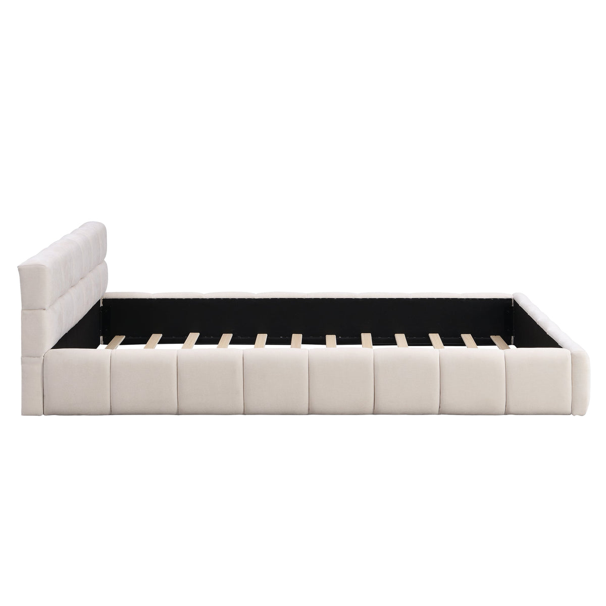 Elegant Beige Chenille Upholstered Bed with Checkerboard Design, Queen
